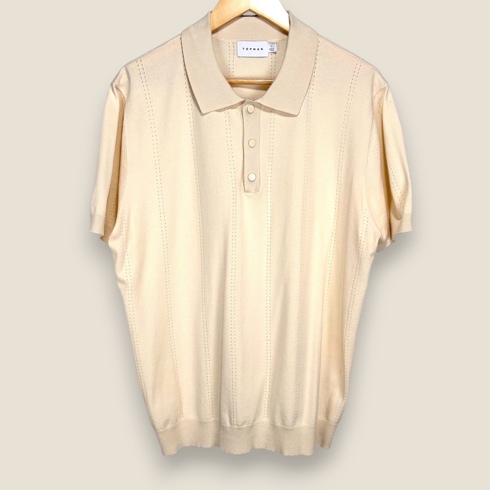 Topman Textured Knit Polo Shirt Men Large Cream Beige Rayon Blend Short Sleeve